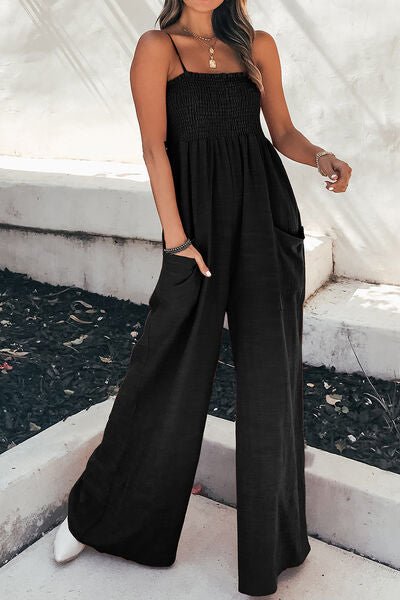 Smocked Spaghetti Strap Wide Leg Jumpsuit - Flip Flop Dynasty