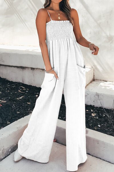 Smocked Spaghetti Strap Wide Leg Jumpsuit - Flip Flop Dynasty