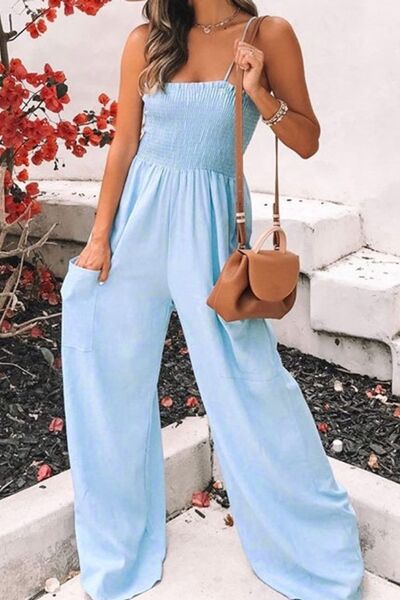 Smocked Spaghetti Strap Wide Leg Jumpsuit - Flip Flop Dynasty