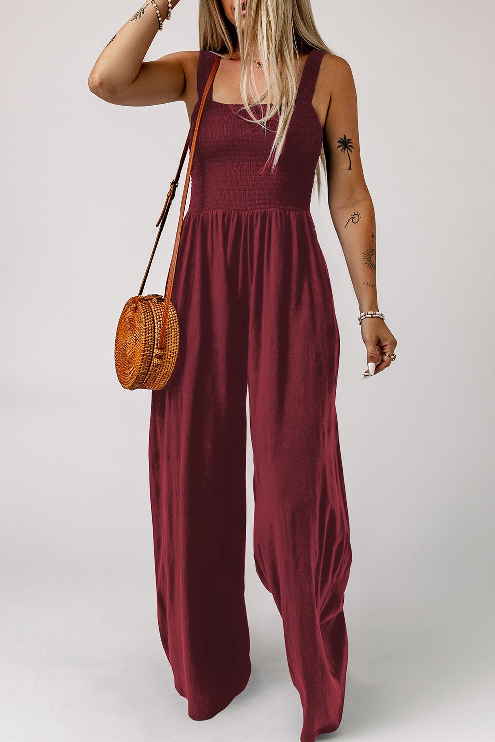 Smocked Square Neck Wide Leg Jumpsuit with Pockets - Flip Flop Dynasty