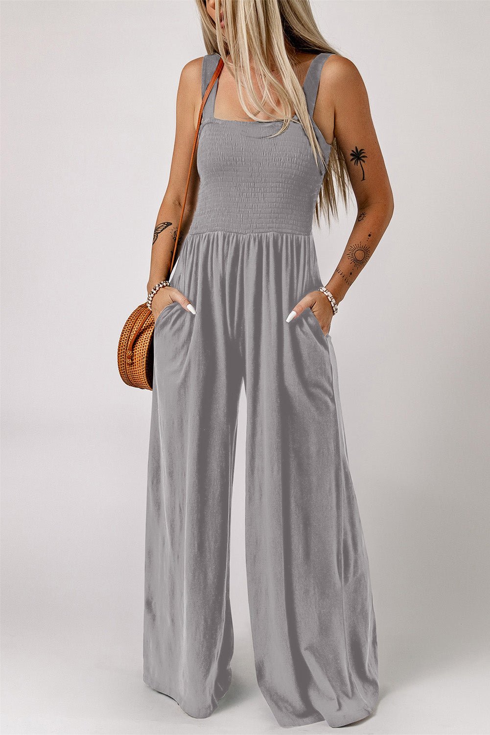 Smocked Square Neck Wide Leg Jumpsuit with Pockets - Flip Flop Dynasty