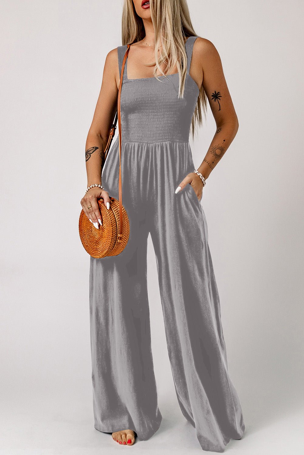 Smocked Square Neck Wide Leg Jumpsuit with Pockets - Flip Flop Dynasty