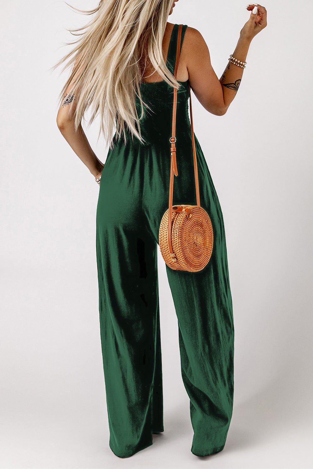 Smocked Square Neck Wide Leg Jumpsuit with Pockets - Flip Flop Dynasty