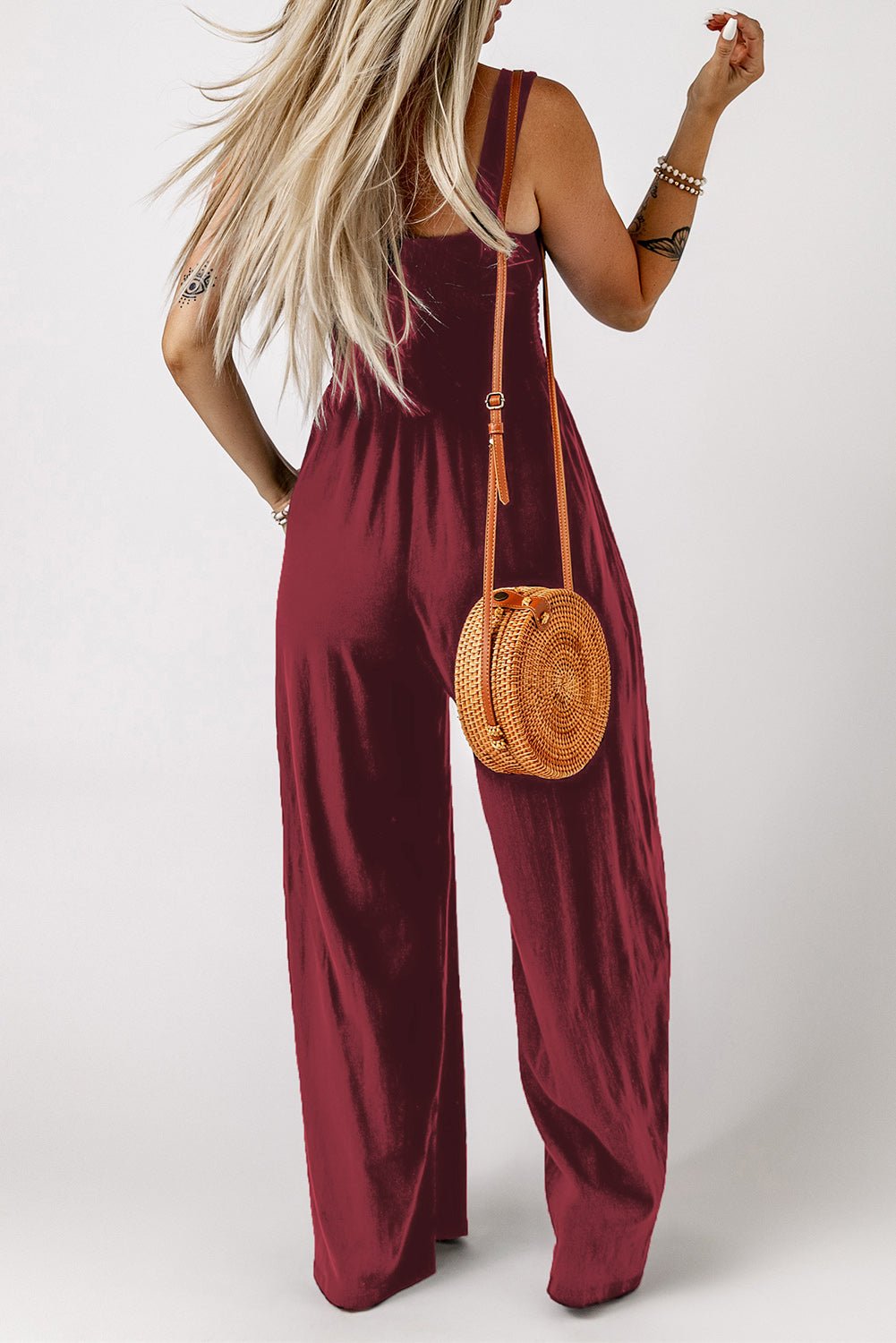 Smocked Square Neck Wide Leg Jumpsuit with Pockets - Flip Flop Dynasty