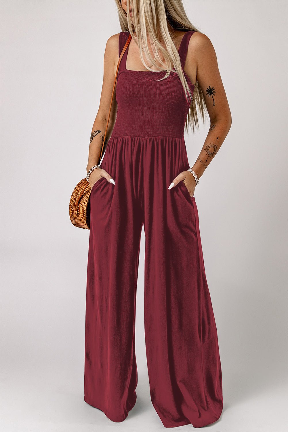 Smocked Square Neck Wide Leg Jumpsuit with Pockets - Flip Flop Dynasty