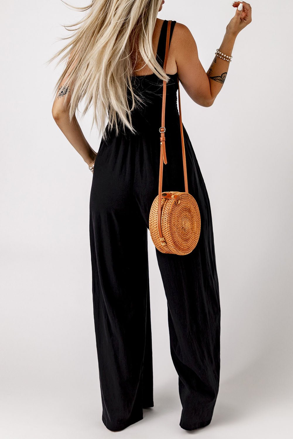 Smocked Square Neck Wide Leg Jumpsuit with Pockets - Flip Flop Dynasty