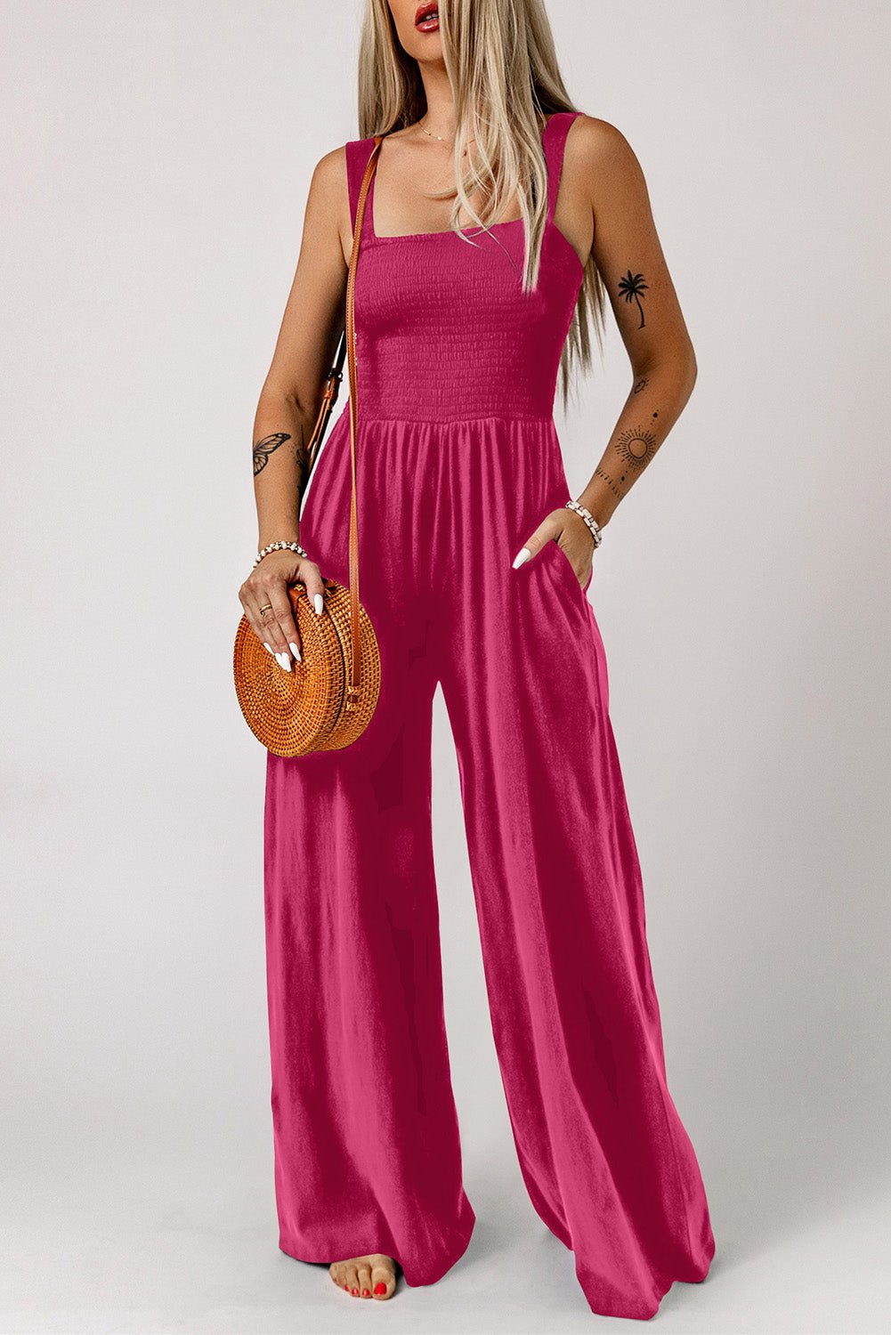 Smocked Square Neck Wide Leg Jumpsuit with Pockets - Flip Flop Dynasty