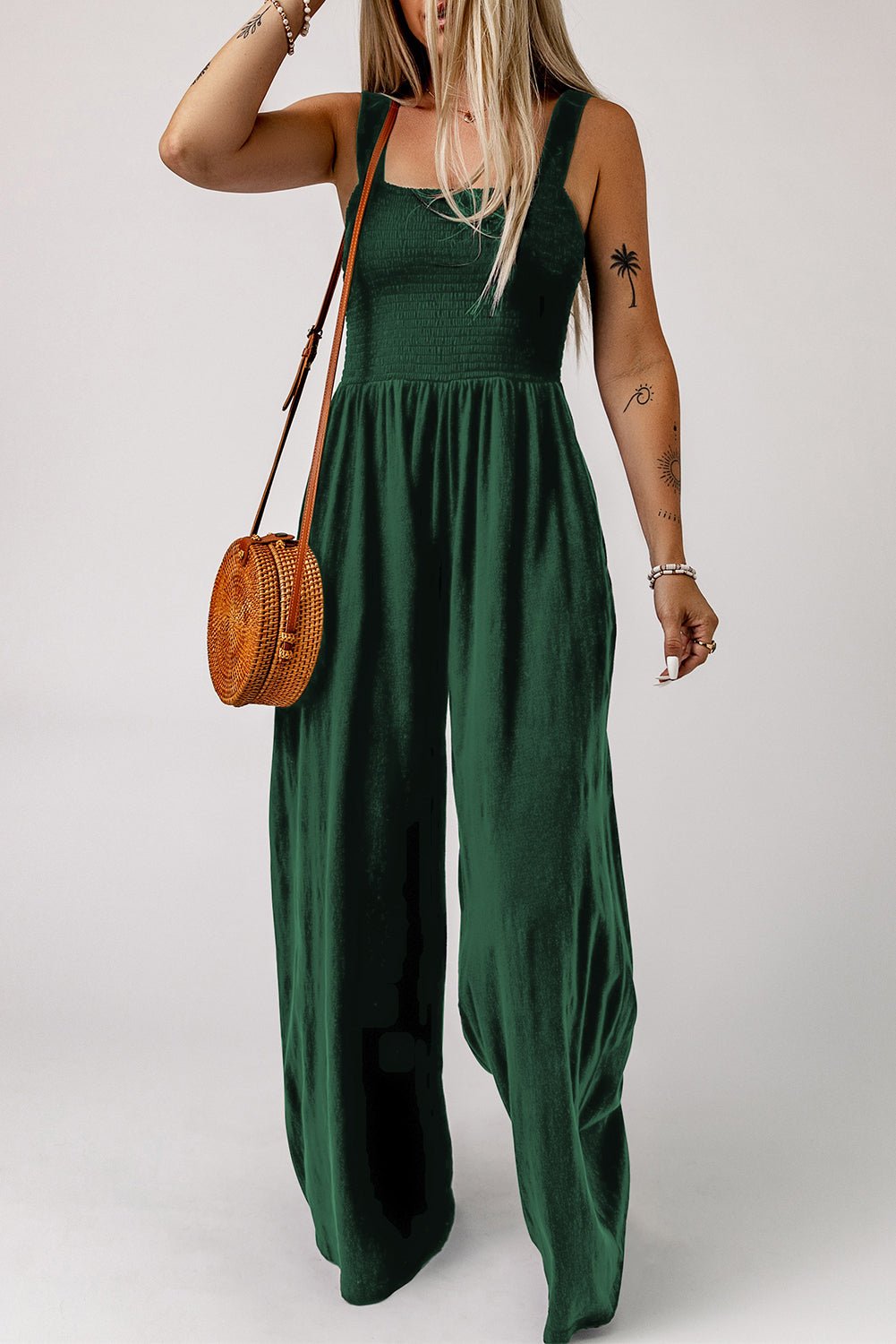 Smocked Square Neck Wide Leg Jumpsuit with Pockets - Flip Flop Dynasty
