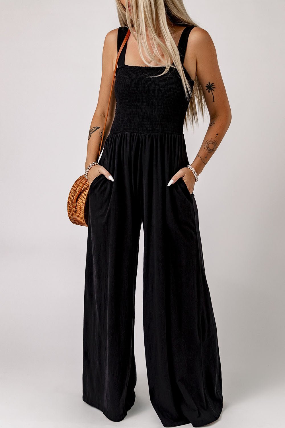 Smocked Square Neck Wide Leg Jumpsuit with Pockets - Flip Flop Dynasty