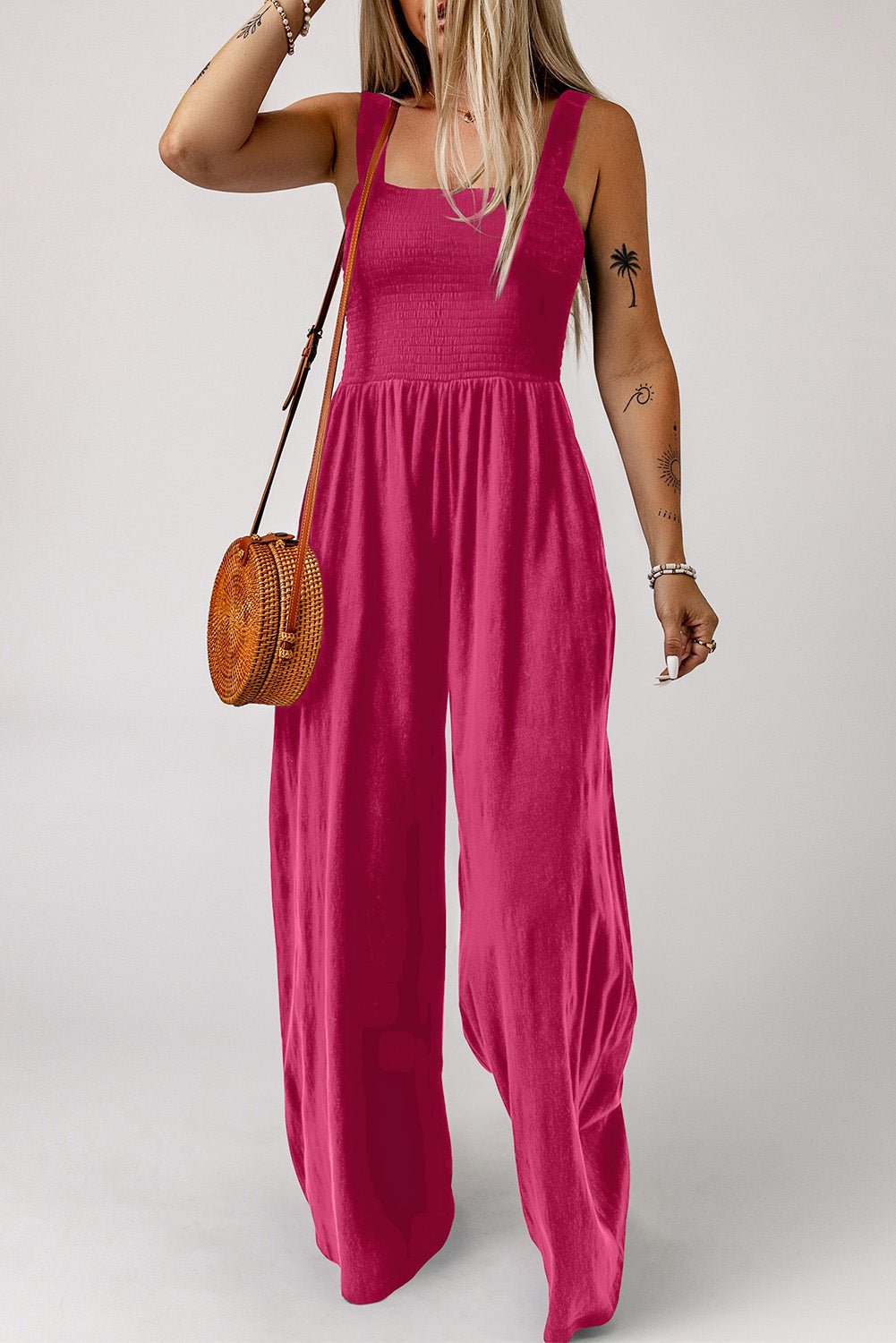 Smocked Square Neck Wide Leg Jumpsuit with Pockets - Flip Flop Dynasty