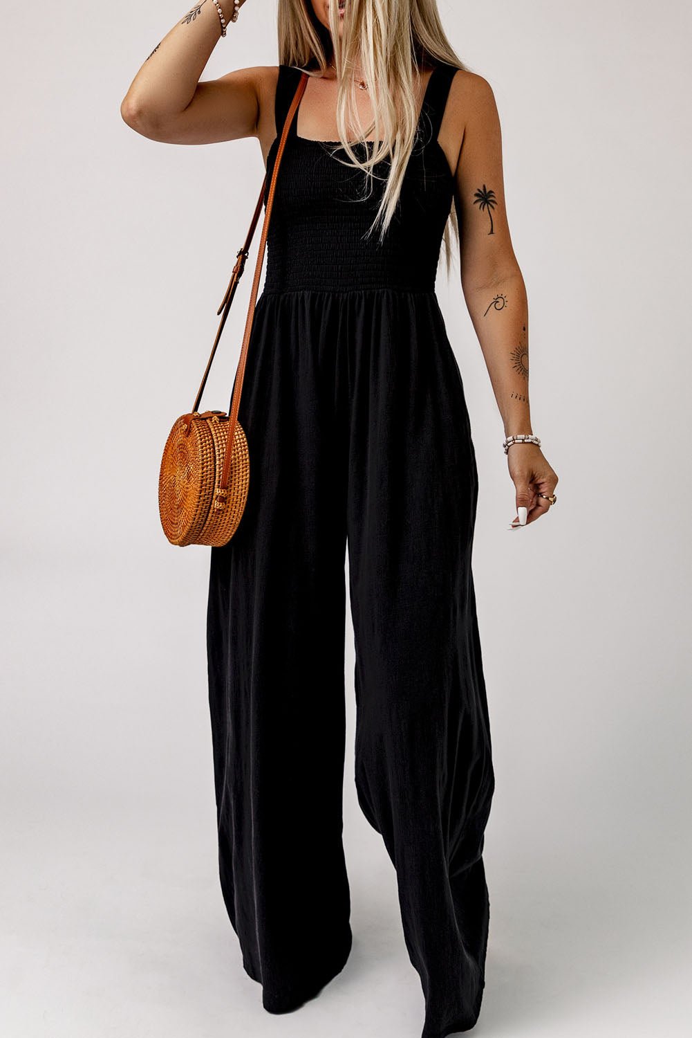 Smocked Square Neck Wide Leg Jumpsuit with Pockets - Flip Flop Dynasty