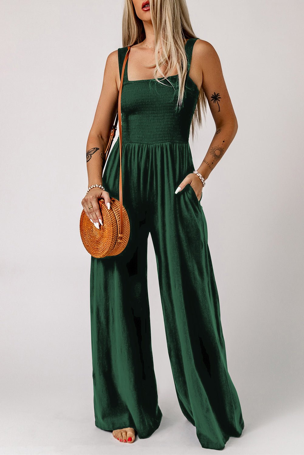 Smocked Square Neck Wide Leg Jumpsuit with Pockets - Flip Flop Dynasty