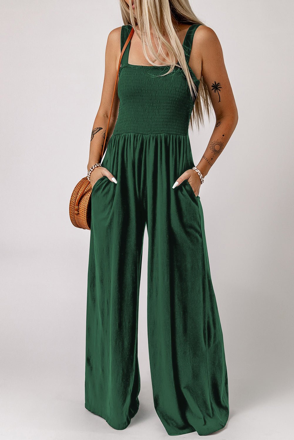 Smocked Square Neck Wide Leg Jumpsuit with Pockets - Flip Flop Dynasty
