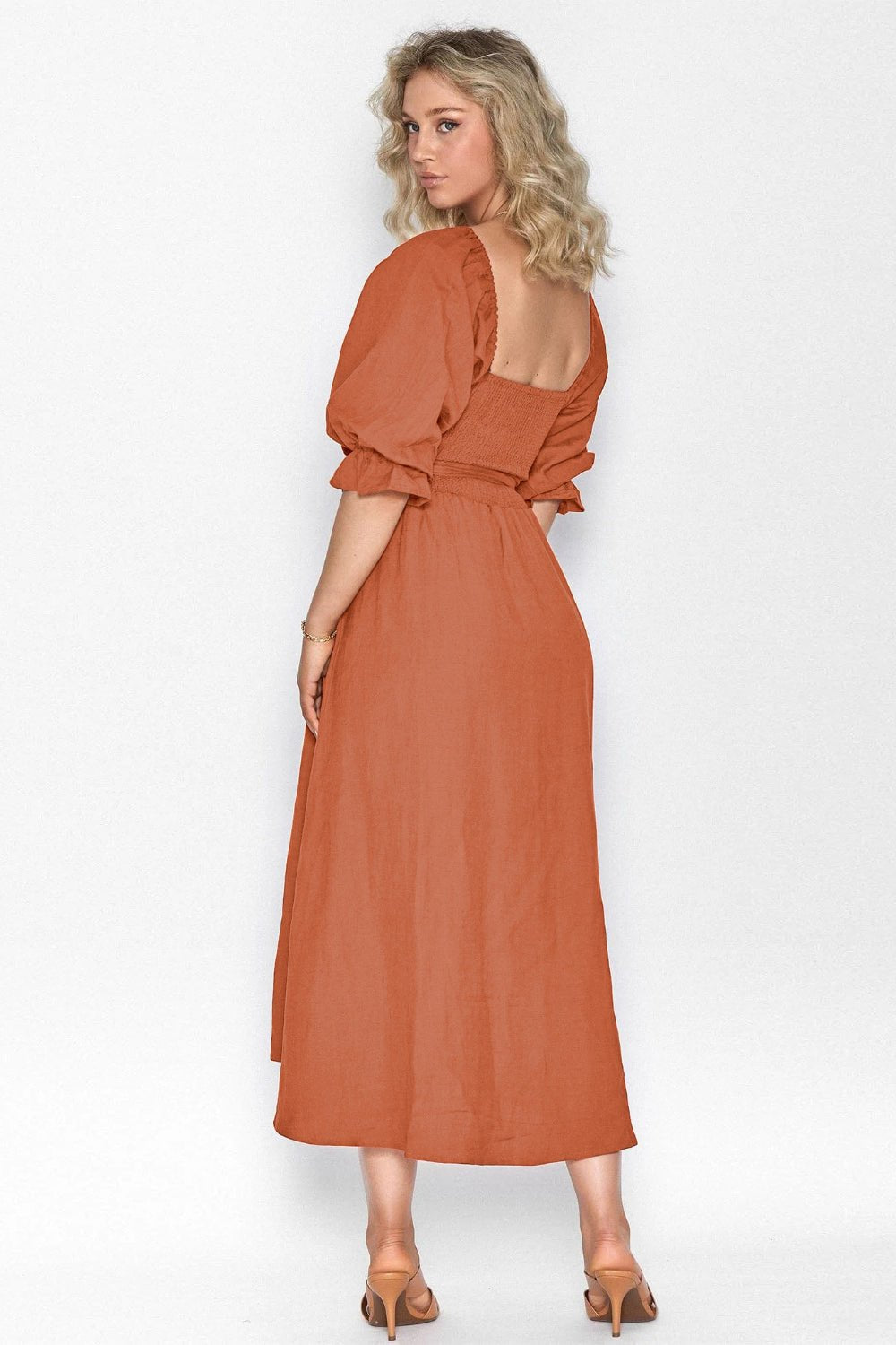 Smocked Tied Flounce Sleeve Midi Dress - Flip Flop Dynasty
