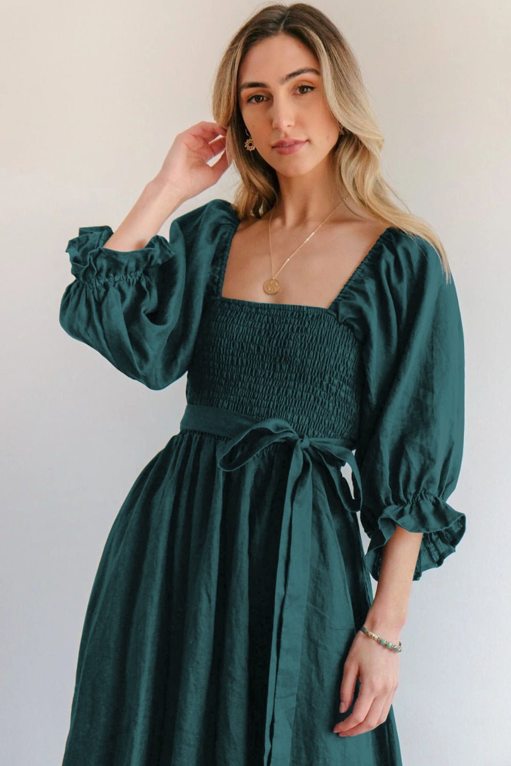 Smocked Tied Flounce Sleeve Midi Dress - Flip Flop Dynasty
