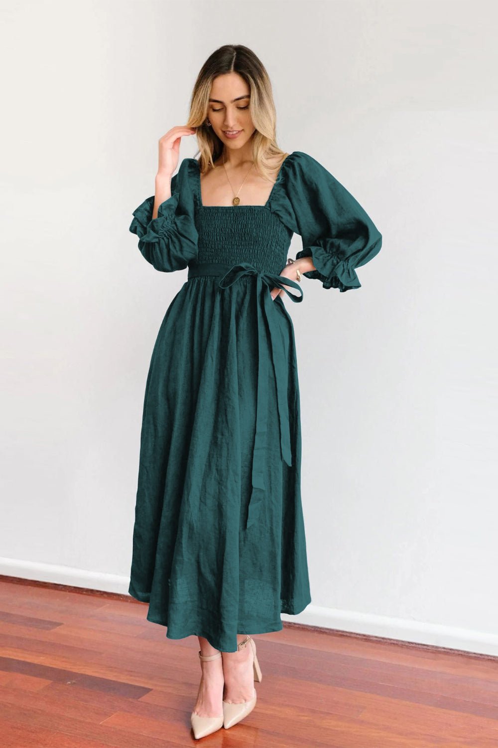 Smocked Tied Flounce Sleeve Midi Dress - Flip Flop Dynasty