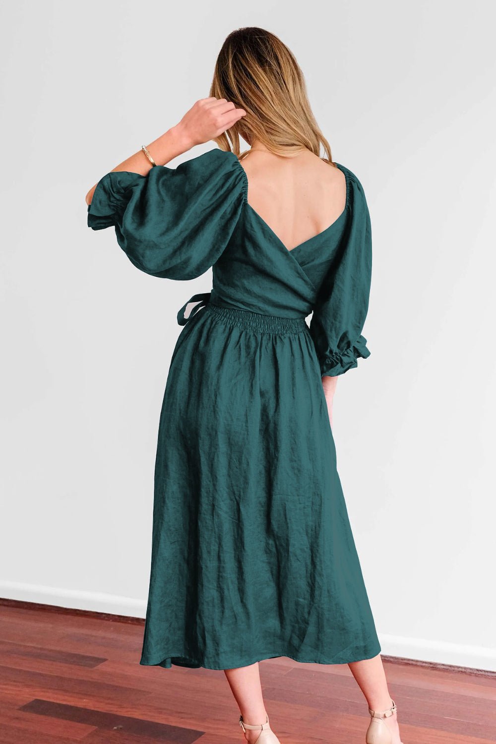 Smocked Tied Flounce Sleeve Midi Dress - Flip Flop Dynasty