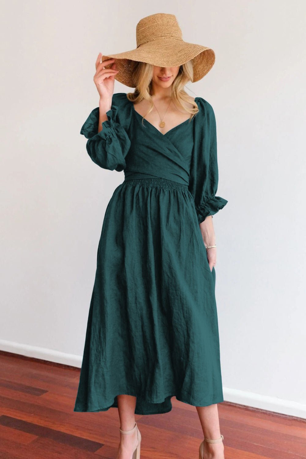 Smocked Tied Flounce Sleeve Midi Dress - Flip Flop Dynasty