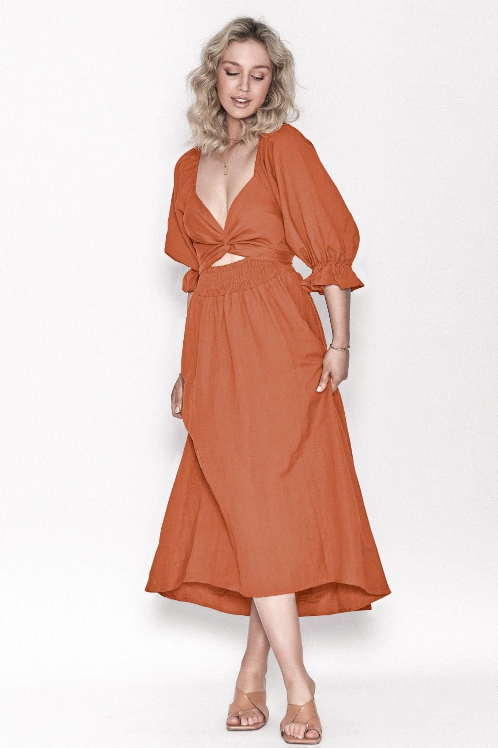 Smocked Tied Flounce Sleeve Midi Dress - Flip Flop Dynasty