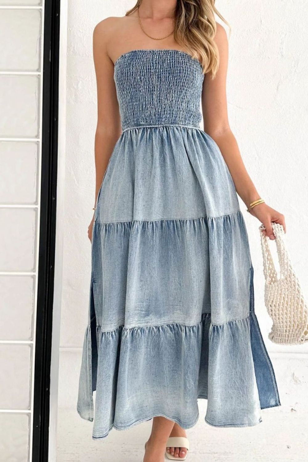 Smocked Tube Slit Tiered Denim Dress - Flip Flop Dynasty