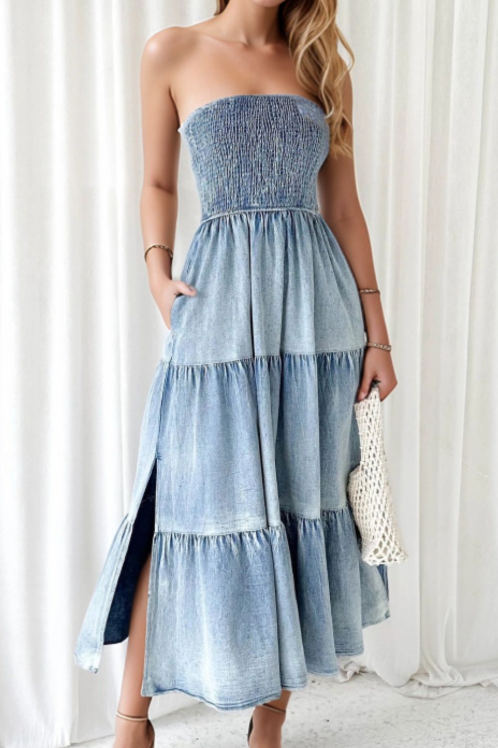 Smocked Tube Slit Tiered Denim Dress - Flip Flop Dynasty