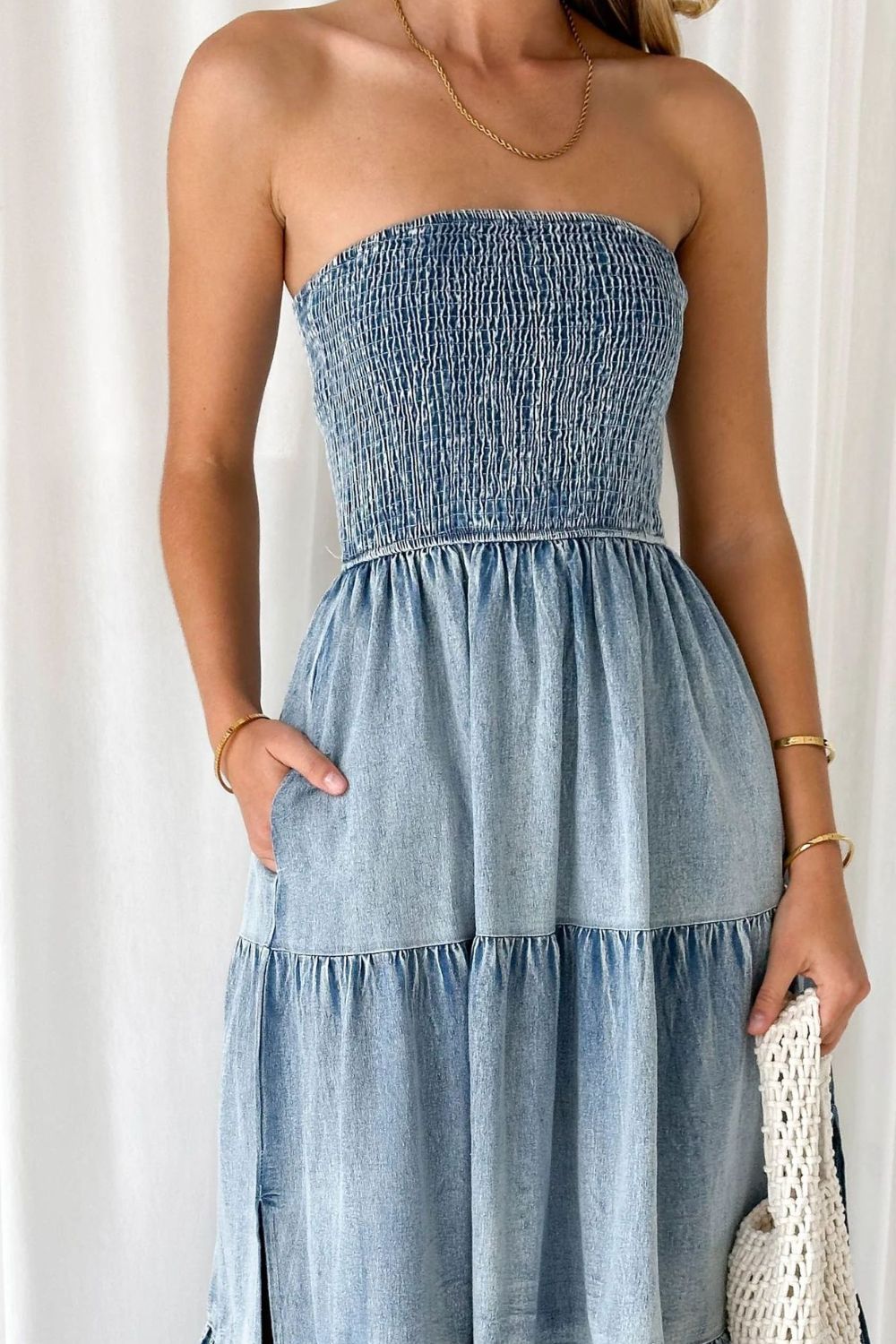 Smocked Tube Slit Tiered Denim Dress - Flip Flop Dynasty
