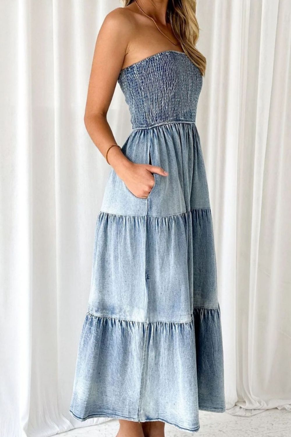 Smocked Tube Slit Tiered Denim Dress - Flip Flop Dynasty