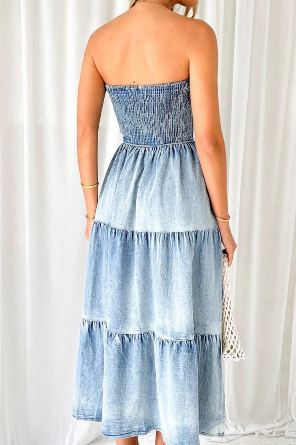 Smocked Tube Slit Tiered Denim Dress - Flip Flop Dynasty