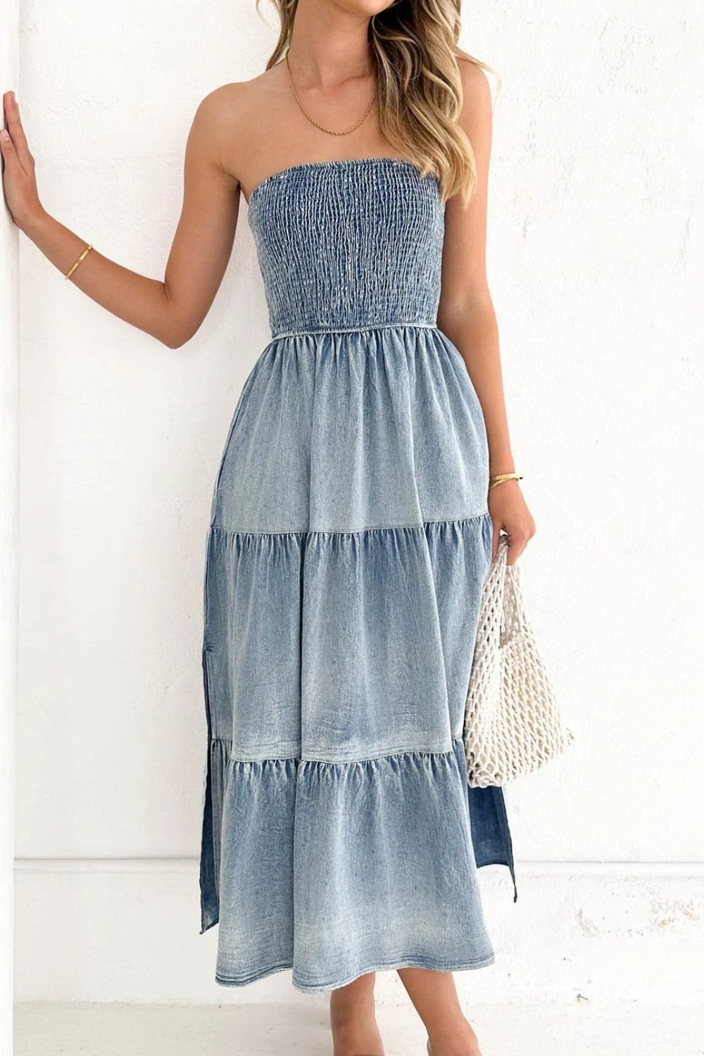 Smocked Tube Slit Tiered Denim Dress - Flip Flop Dynasty