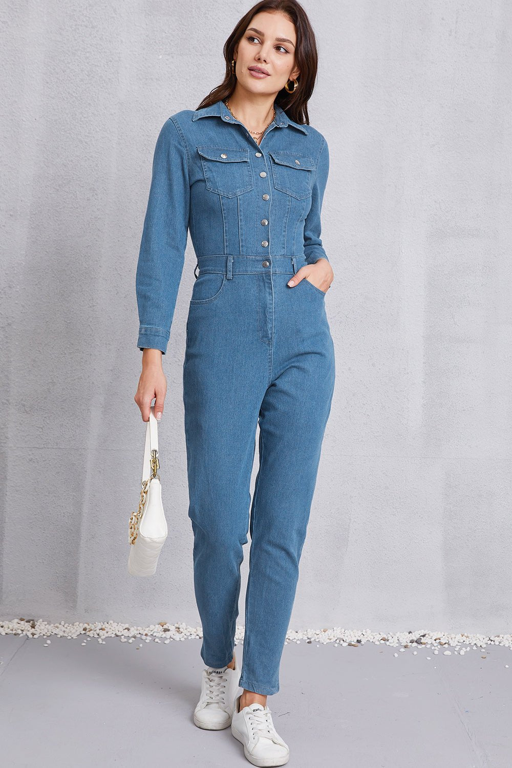 Snap Down Denim Jumpsuit with Pockets - Flip Flop Dynasty