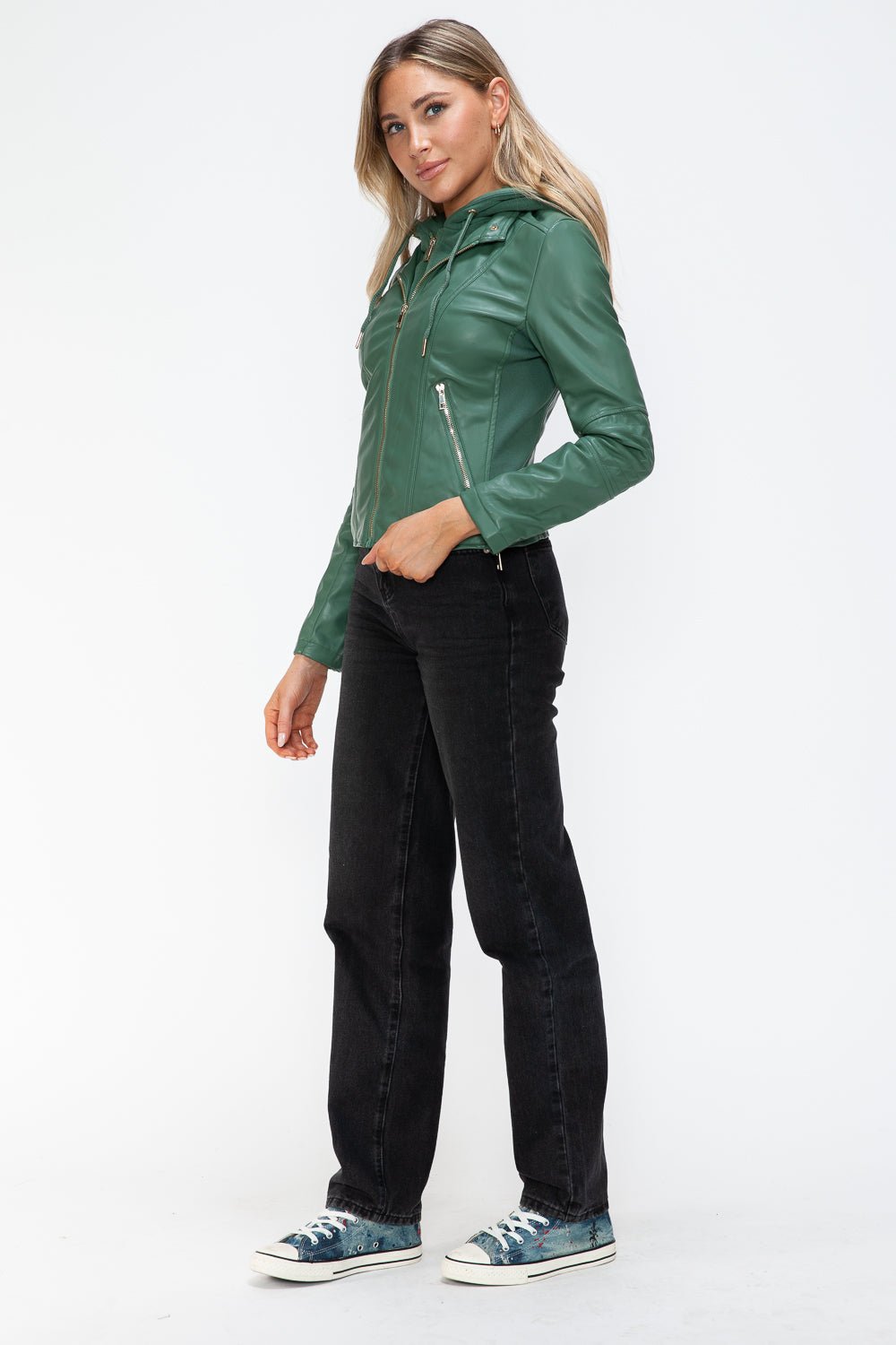 Snobbish Faux Leather Zip Up Drawstring Hooded Jacket - Flip Flop Dynasty