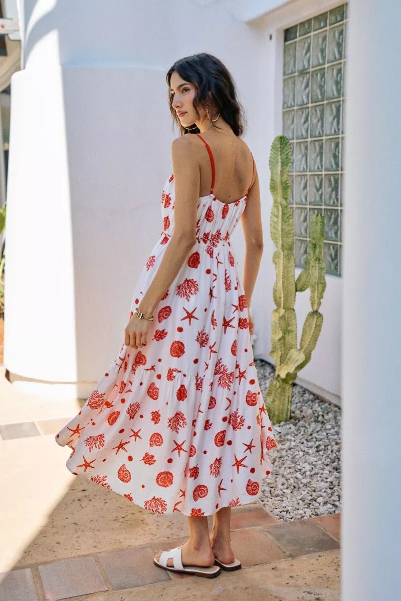 SO ME Shell Print Tiered Lined Midi Cami Dress With Belt - Flip Flop Dynasty