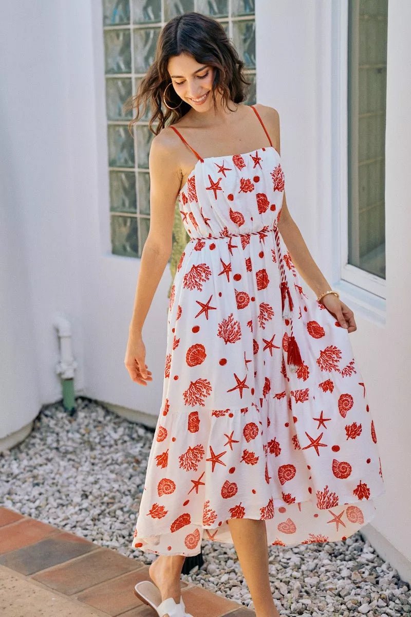 SO ME Shell Print Tiered Lined Midi Cami Dress With Belt - Flip Flop Dynasty