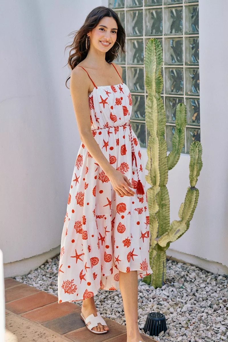 SO ME Shell Print Tiered Lined Midi Cami Dress With Belt - Flip Flop Dynasty