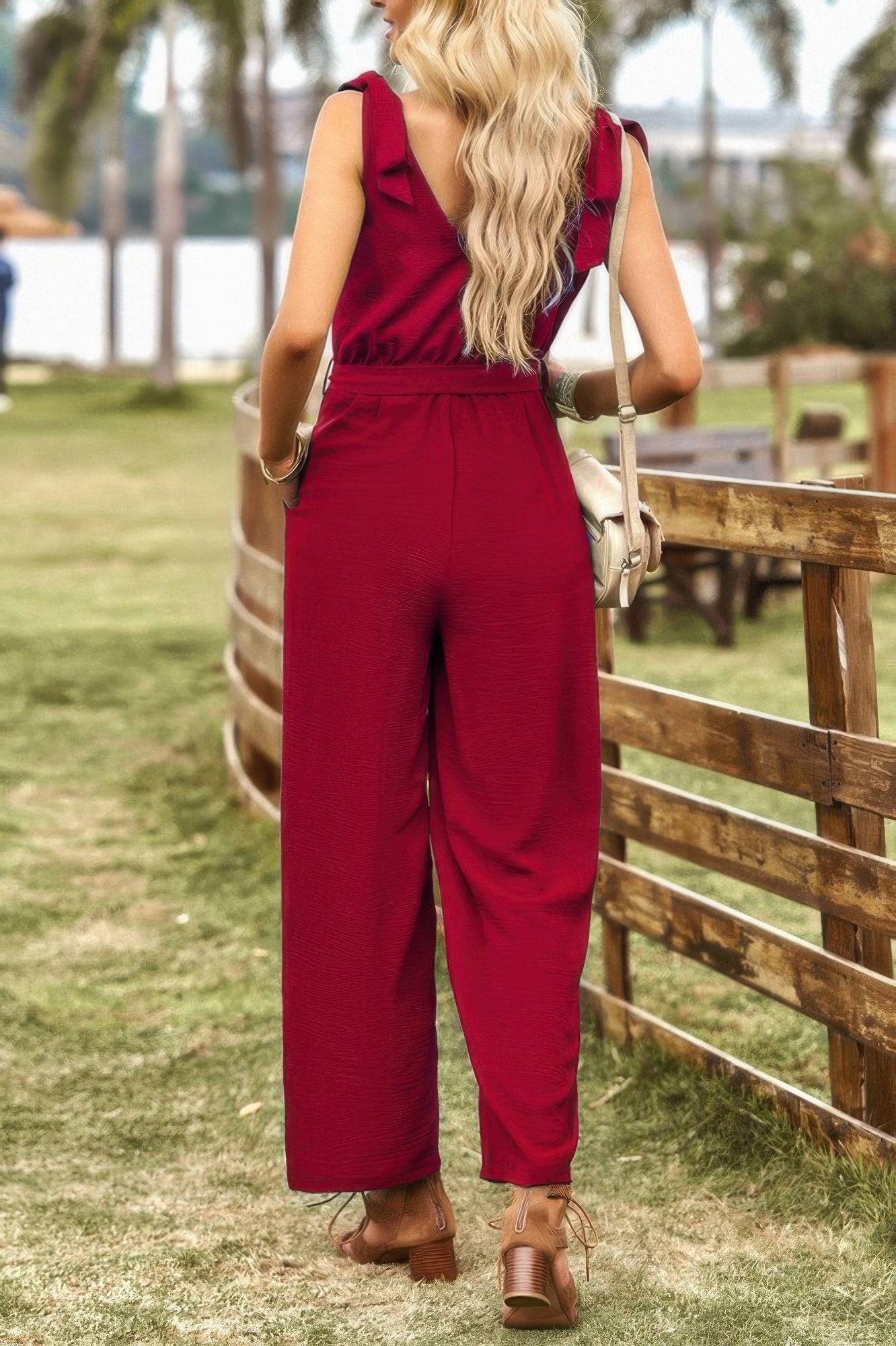 Solid Belt V Neck Wide Leg Fit Jumpsuit - Flip Flop Dynasty