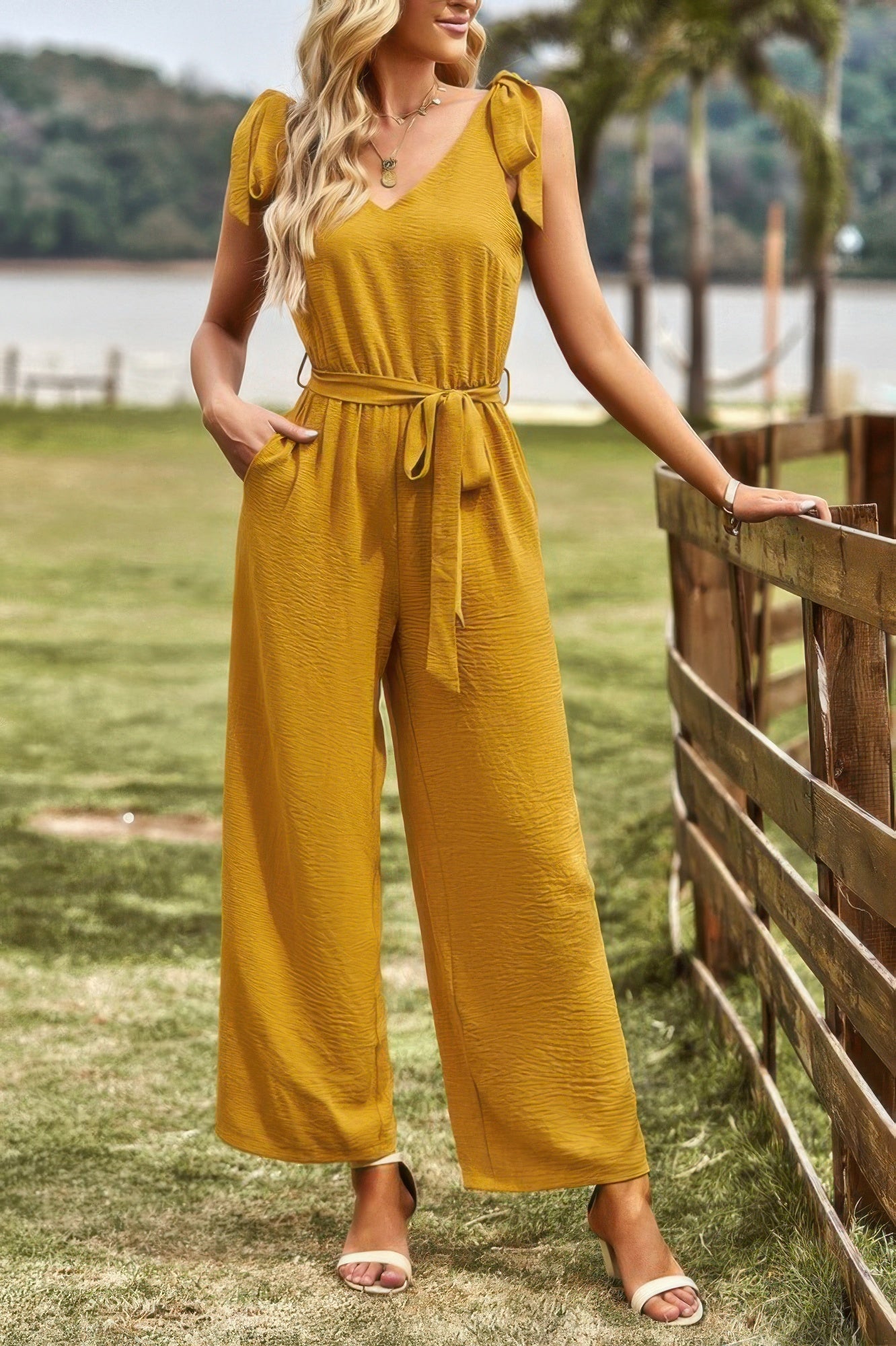 Solid Belt V Neck Wide Leg Fit Jumpsuit - Flip Flop Dynasty