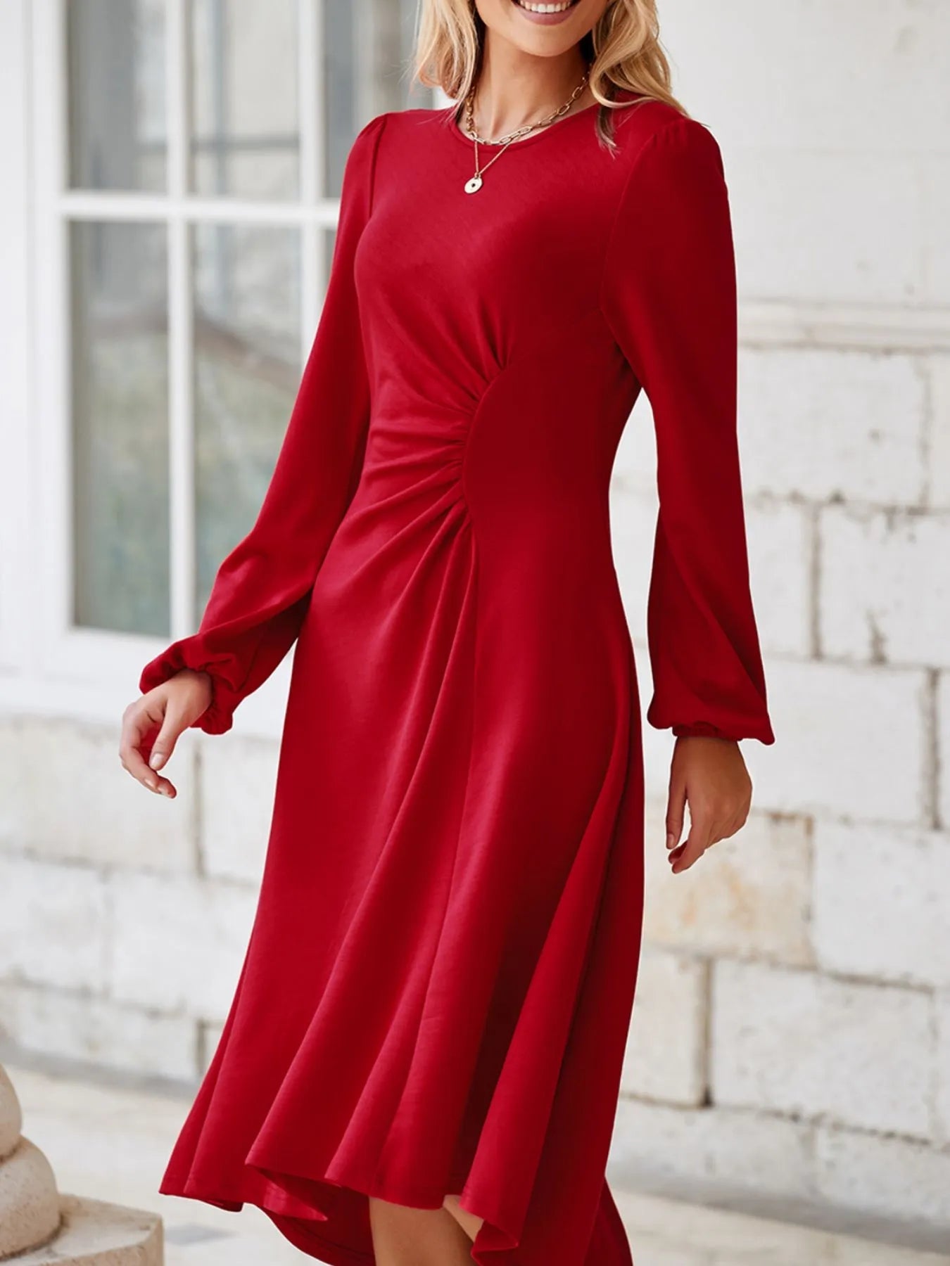 Solid Color Ruched Detail Long Sleeve Midi Dress - Flip Flop Dynasty