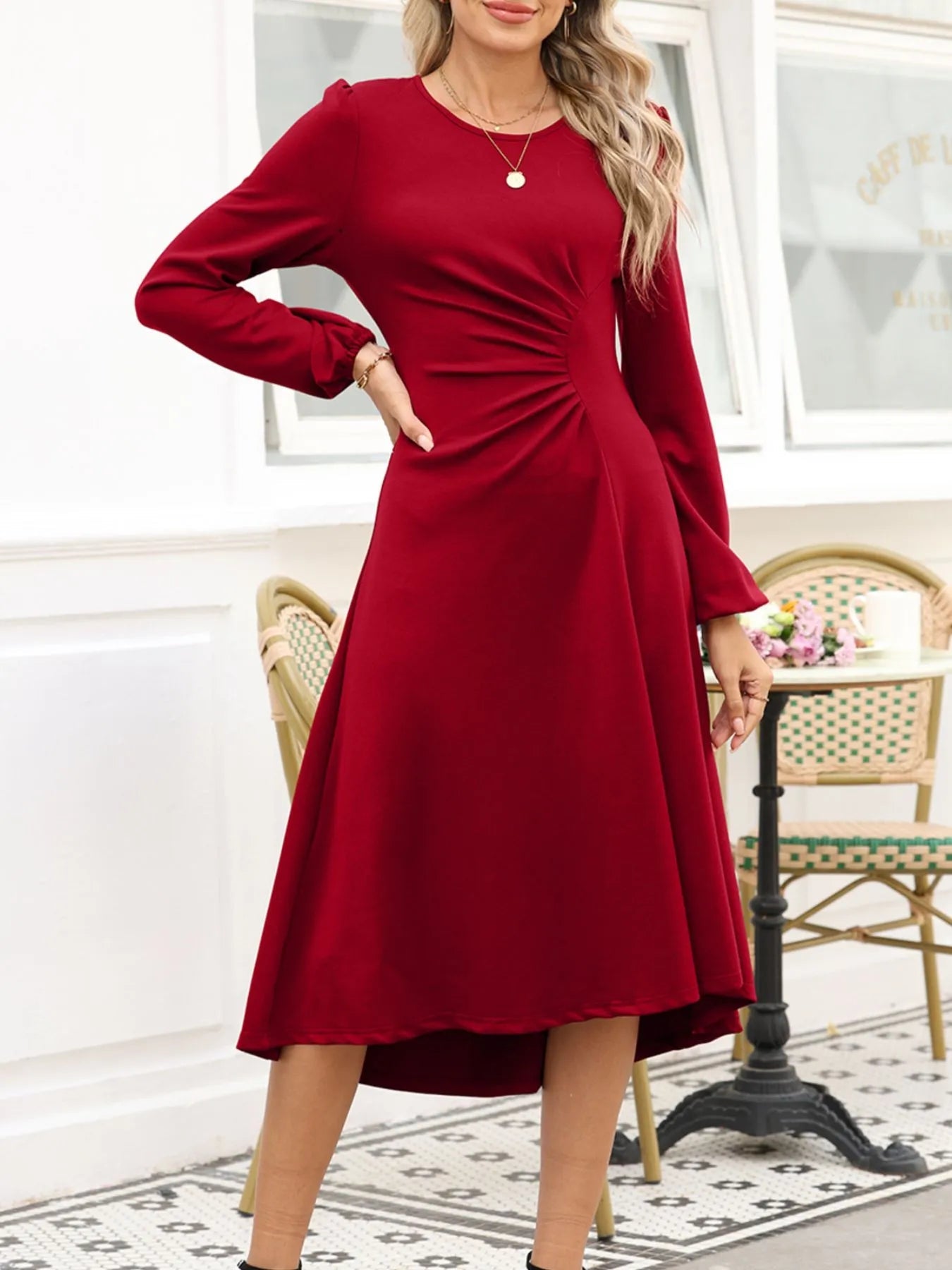 Solid Color Ruched Detail Long Sleeve Midi Dress - Flip Flop Dynasty