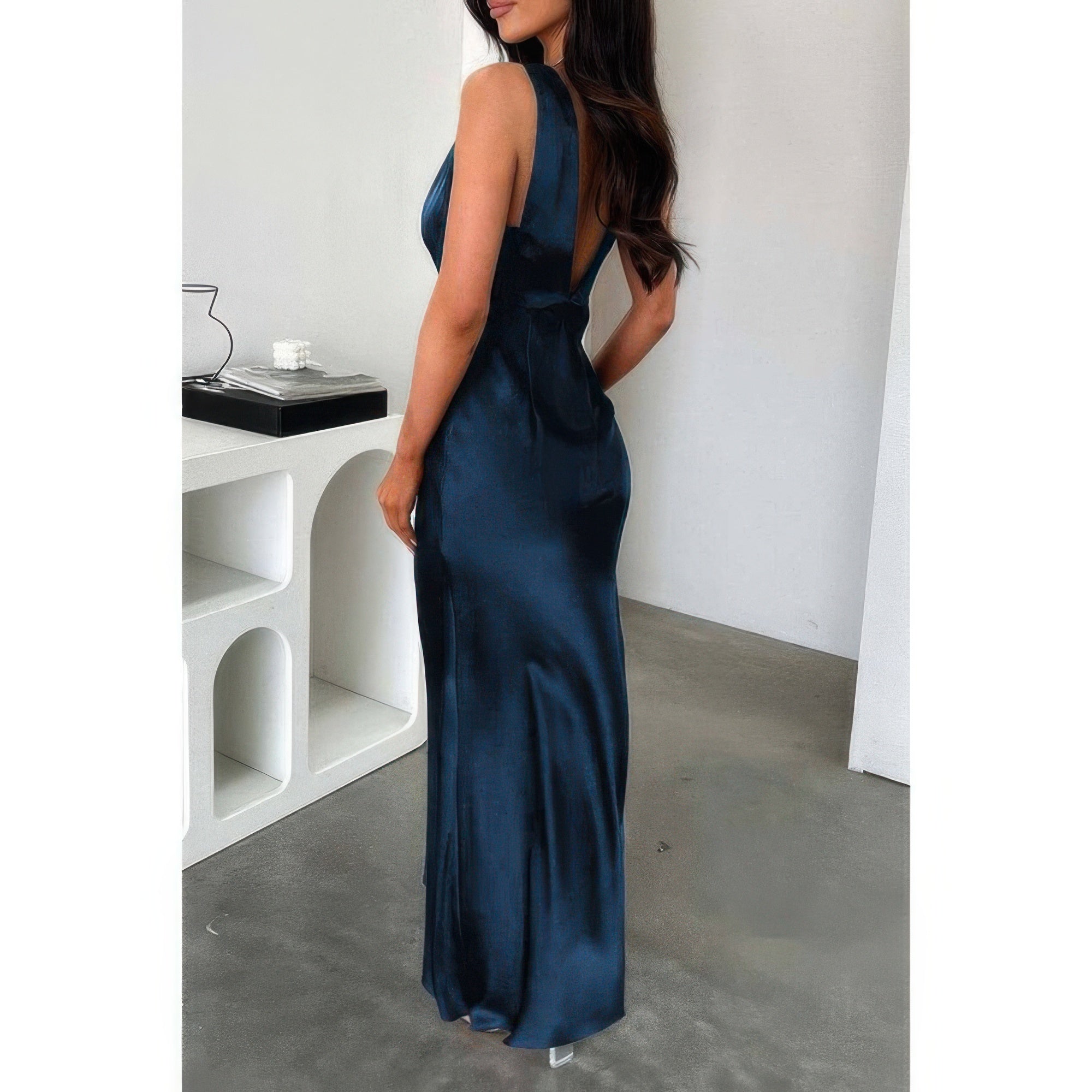 Solid Deep V Neck Low Back High Waist Full Dress - Flip Flop Dynasty
