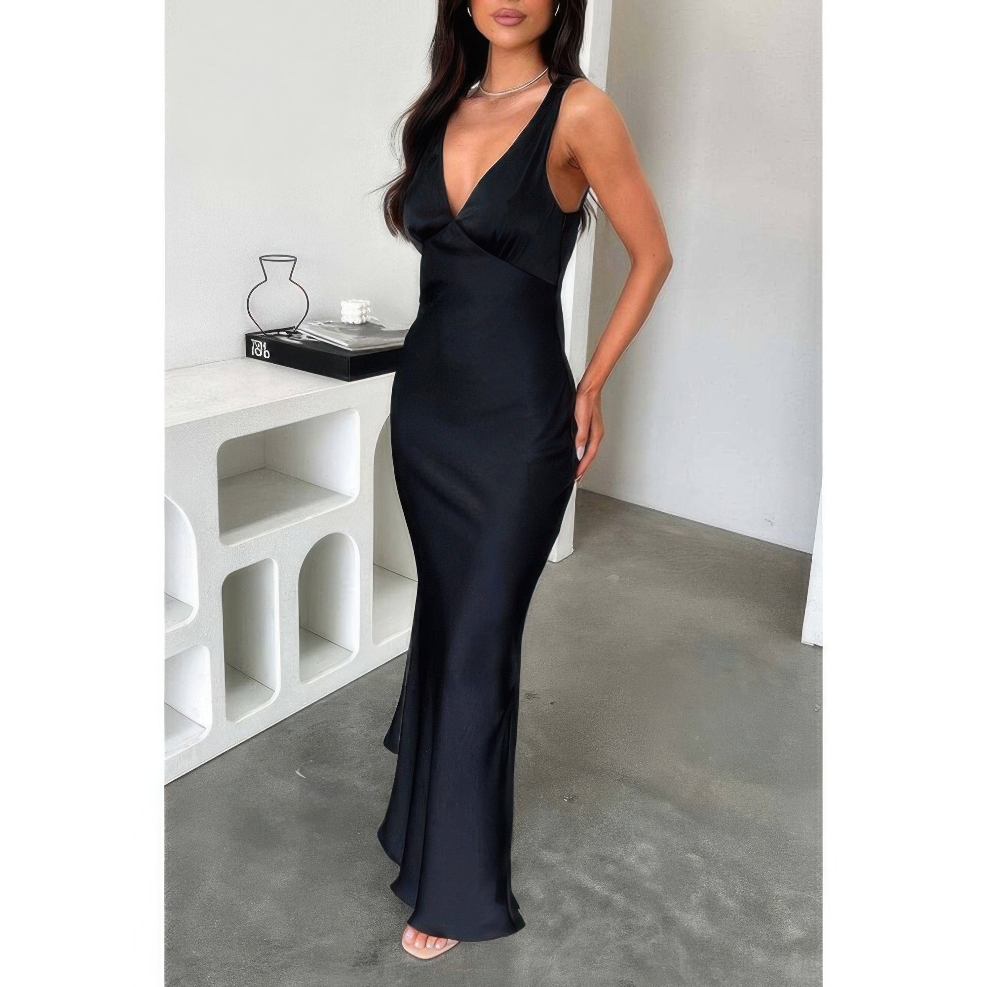 Solid Deep V Neck Low Back High Waist Full Dress - Flip Flop Dynasty