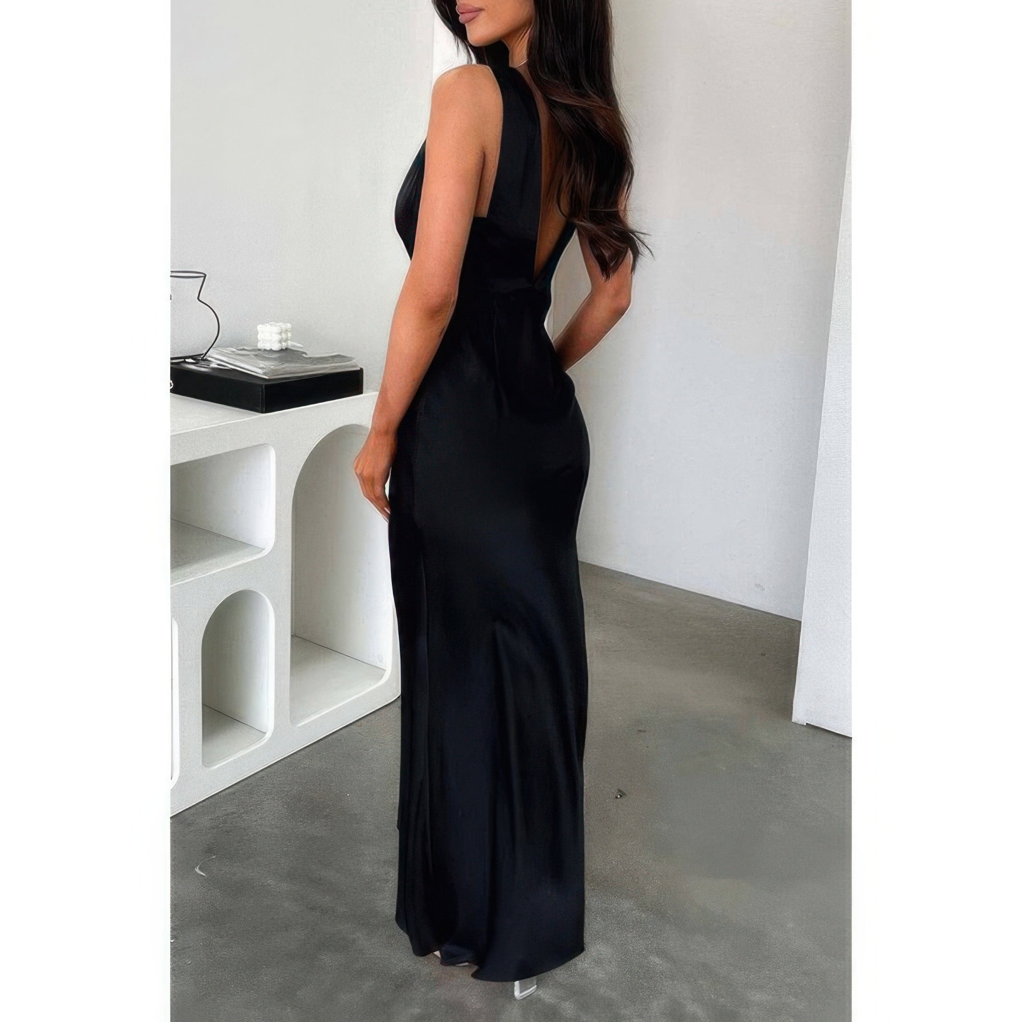 Solid Deep V Neck Low Back High Waist Full Dress - Flip Flop Dynasty