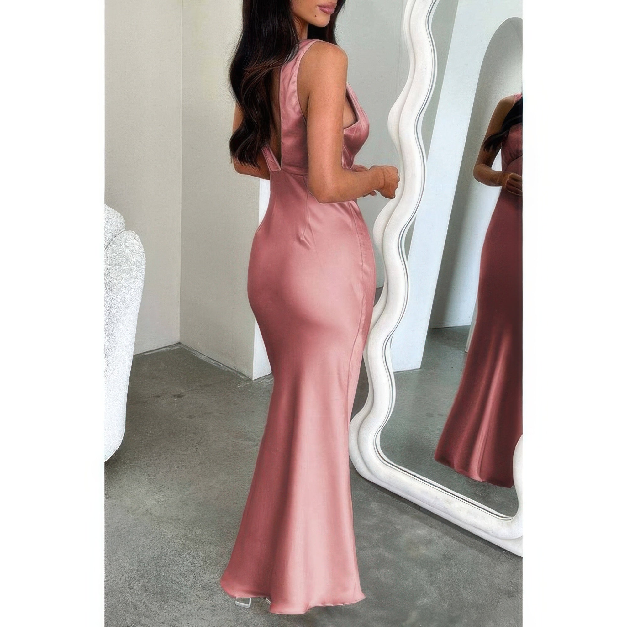Solid Deep V Neck Low Back High Waist Full Dress - Flip Flop Dynasty