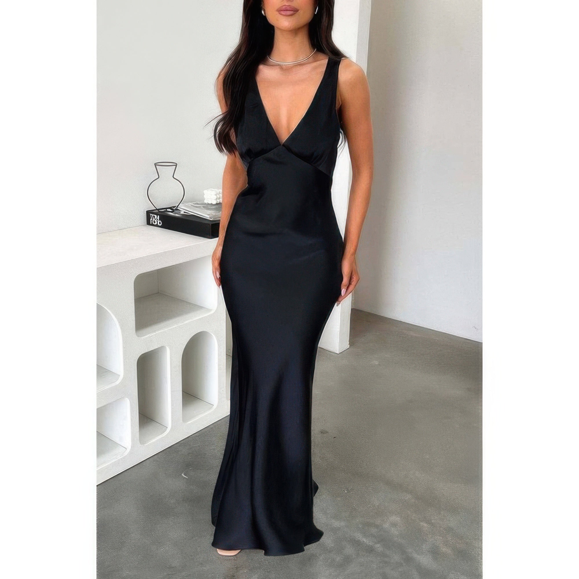 Solid Deep V Neck Low Back High Waist Full Dress - Flip Flop Dynasty