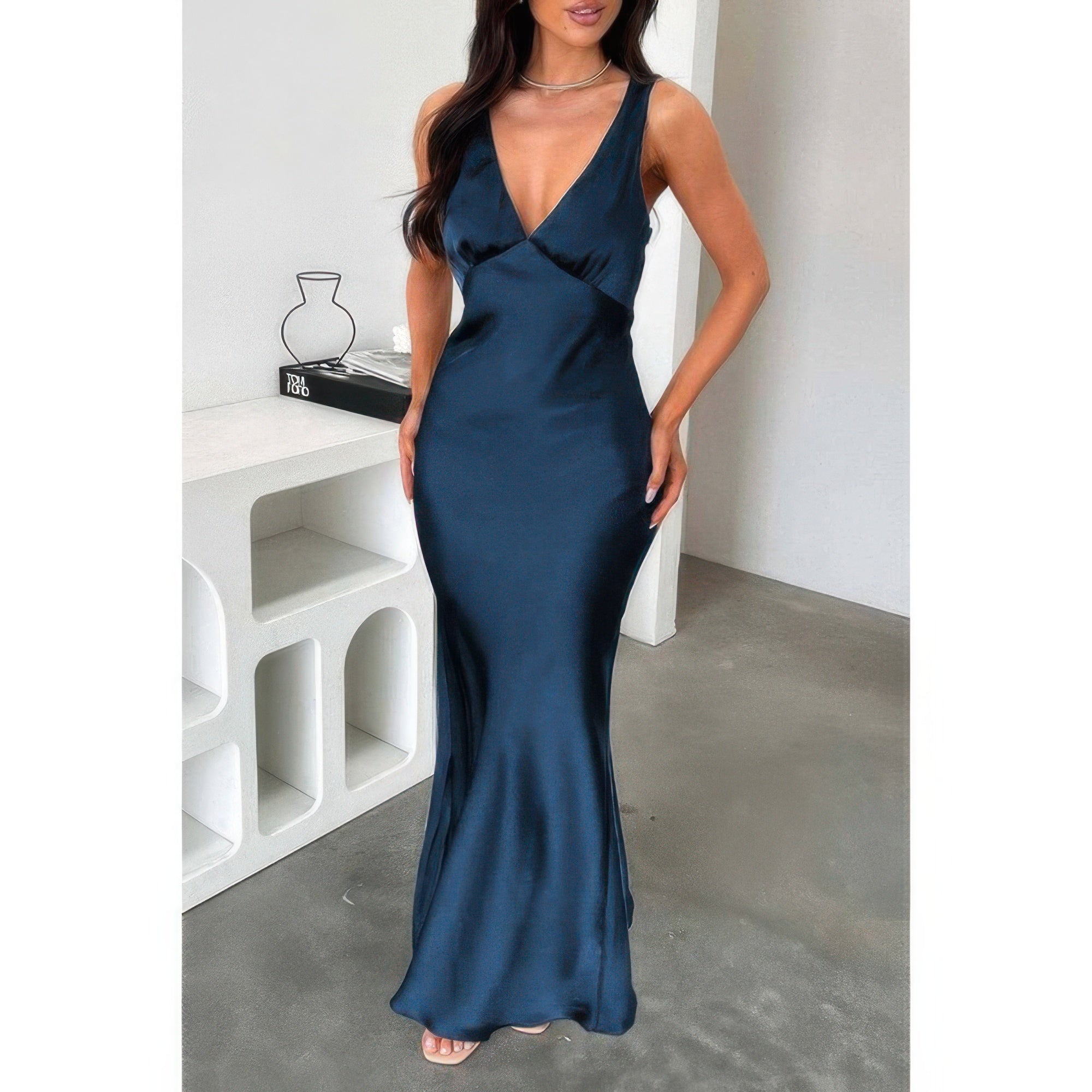 Solid Deep V Neck Low Back High Waist Full Dress - Flip Flop Dynasty