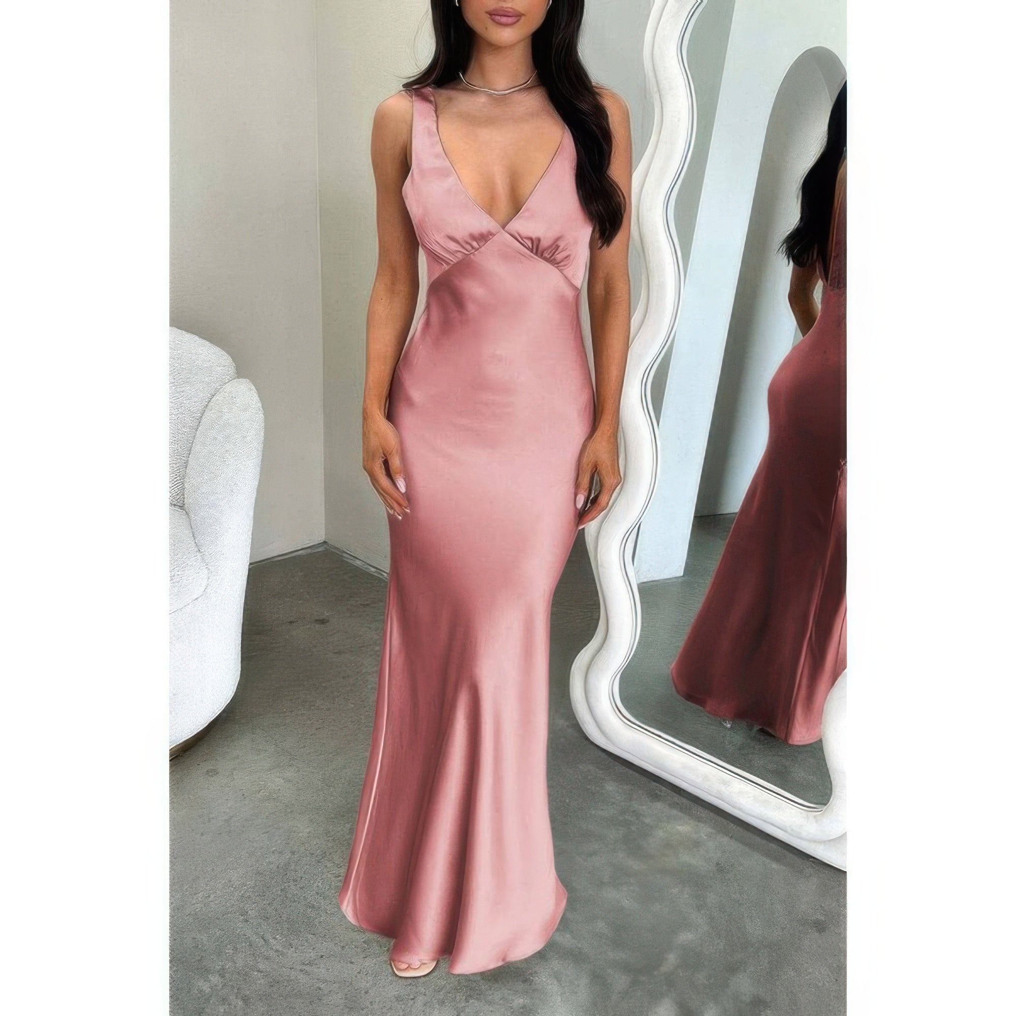 Solid Deep V Neck Low Back High Waist Full Dress - Flip Flop Dynasty