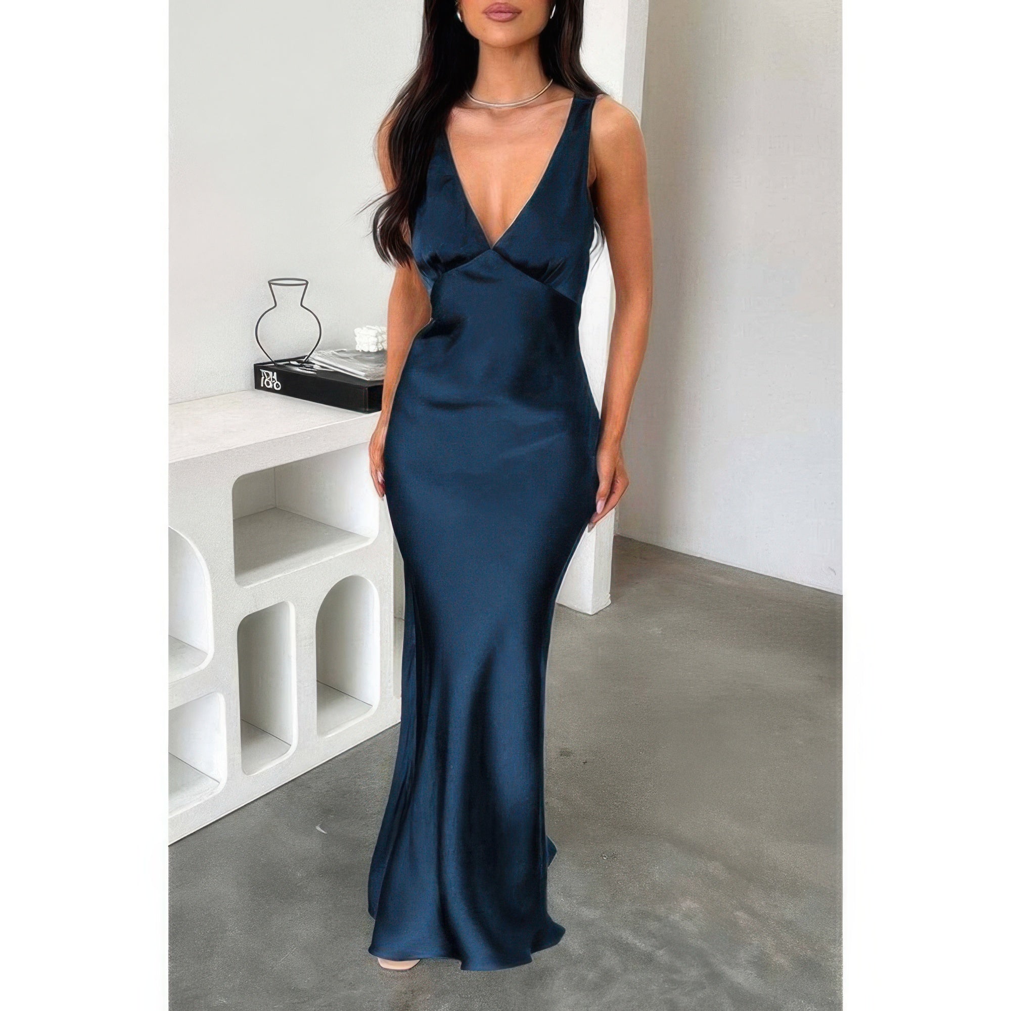 Solid Deep V Neck Low Back High Waist Full Dress - Flip Flop Dynasty