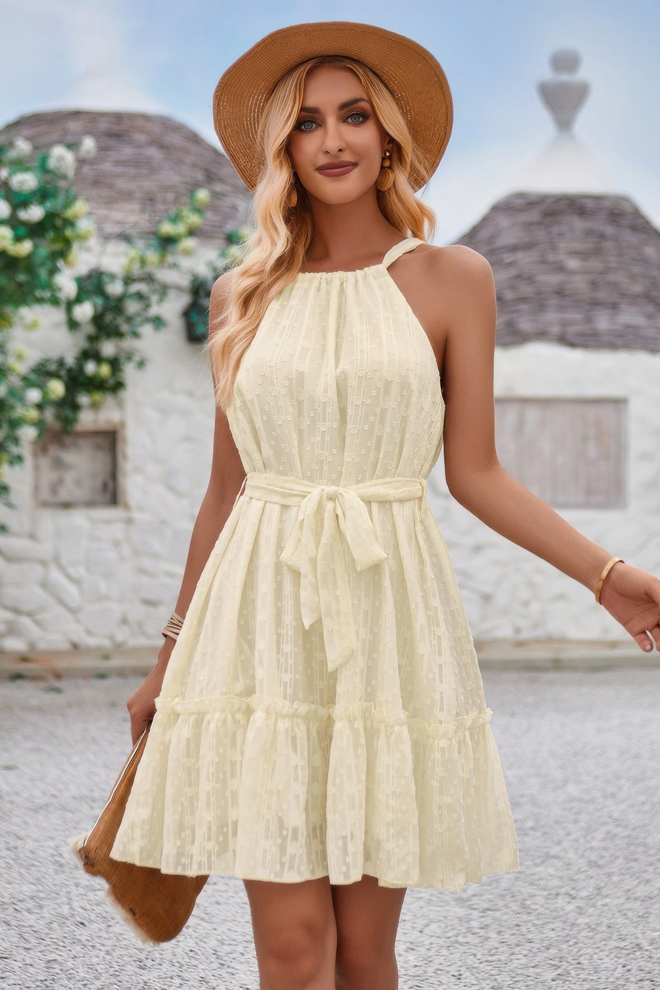 Solid Halter Neck Sleeveless Waist Tie Ruffle Dres - Flip Flop Dynasty