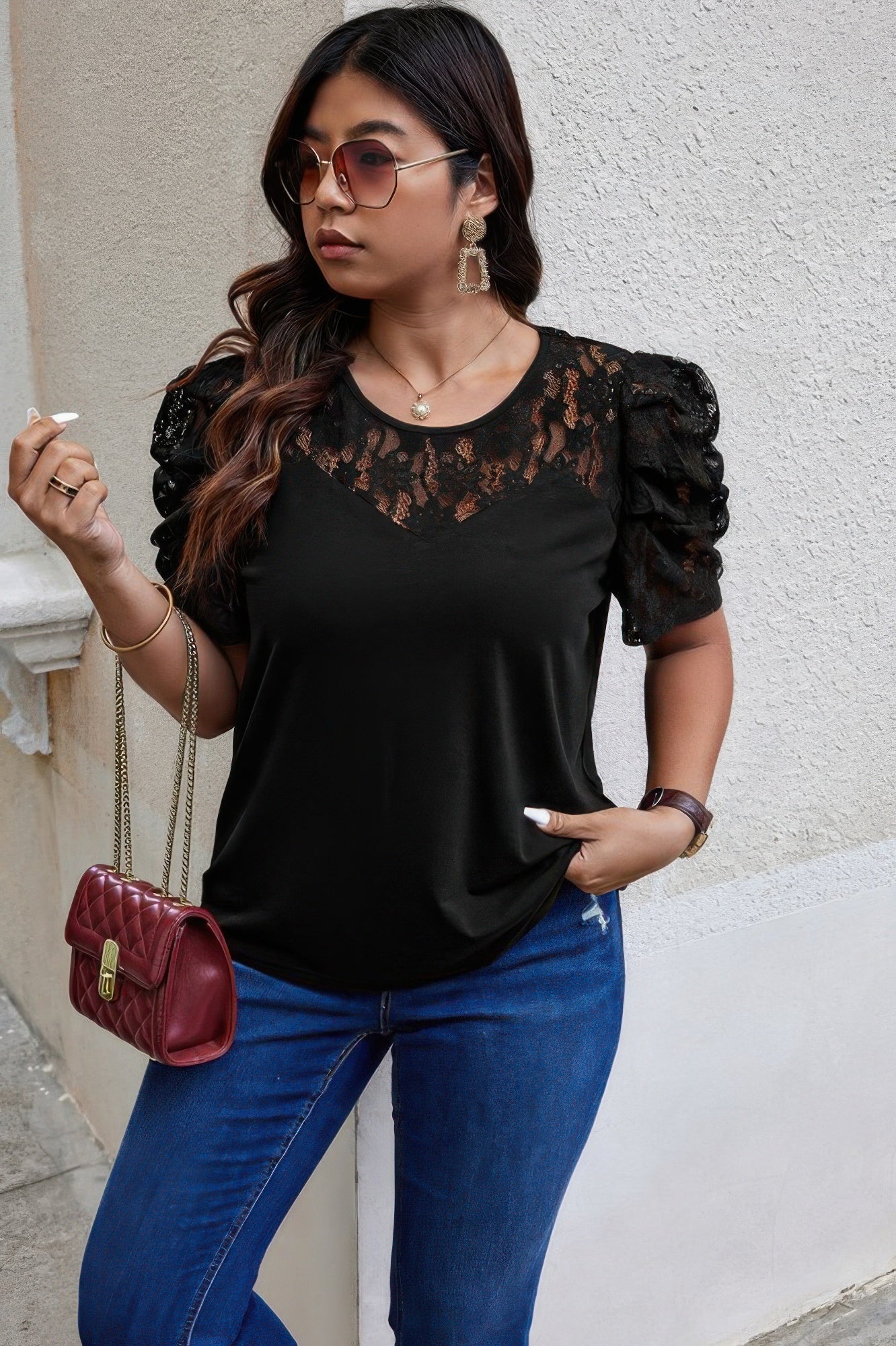 Solid Lace Ruffle Sleeve Hollow Out Elegant Shirt - Flip Flop Dynasty