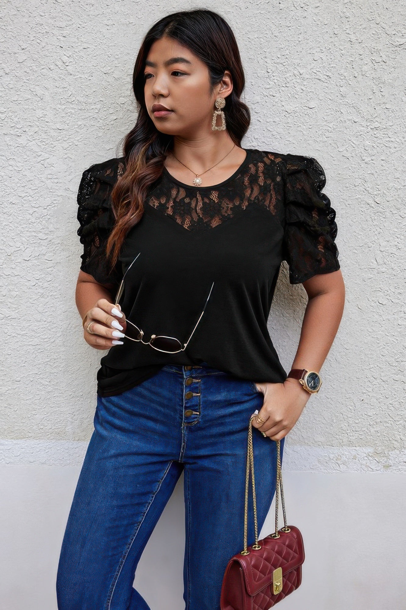 Solid Lace Ruffle Sleeve Hollow Out Elegant Shirt - Flip Flop Dynasty