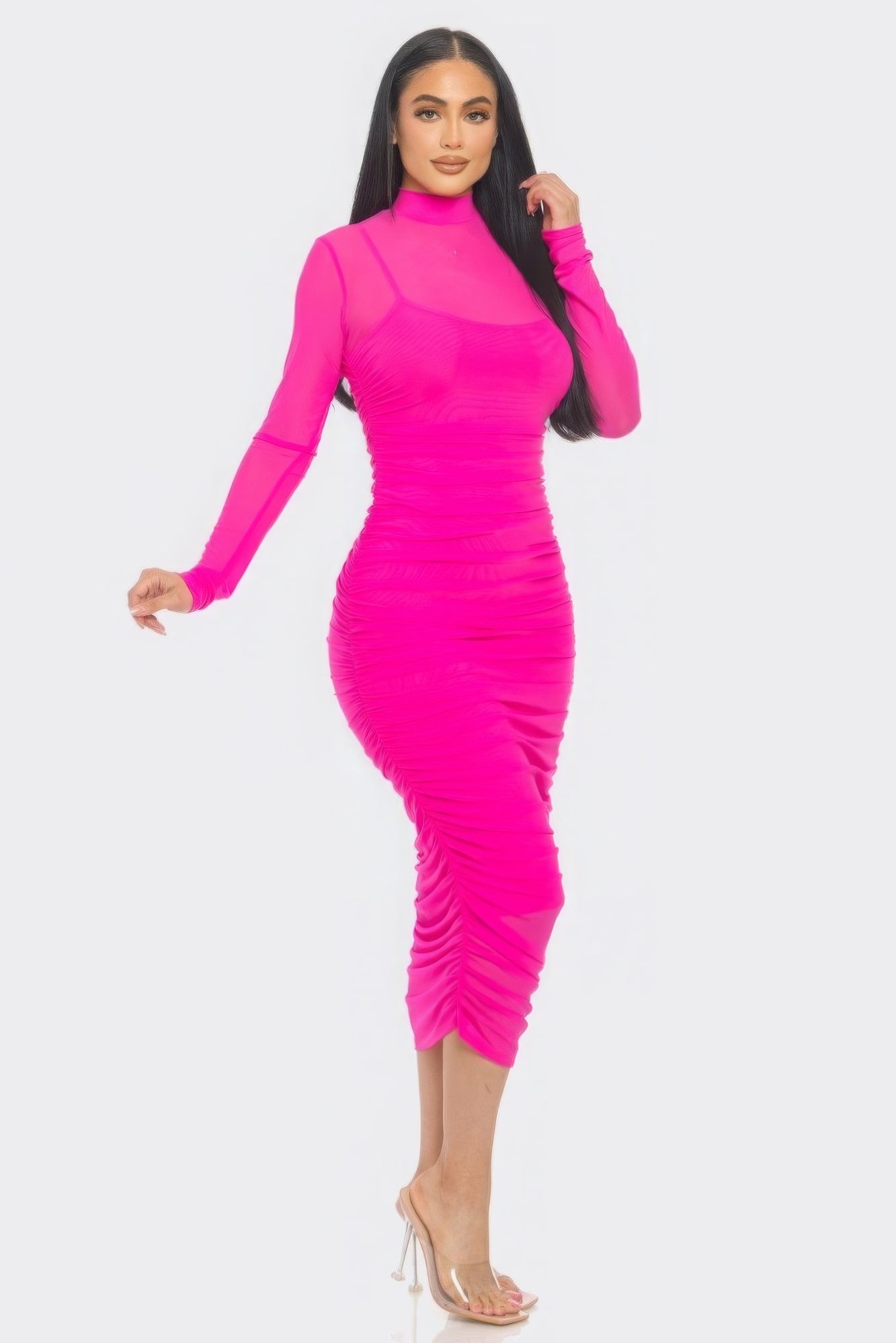 Solid Mesh Ruched Midi Dress - Flip Flop Dynasty
